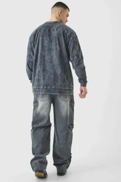 Shop boohooMAN Tall Baggy Rigid Bm Applique Multi Pocket Cargo Jeans grey