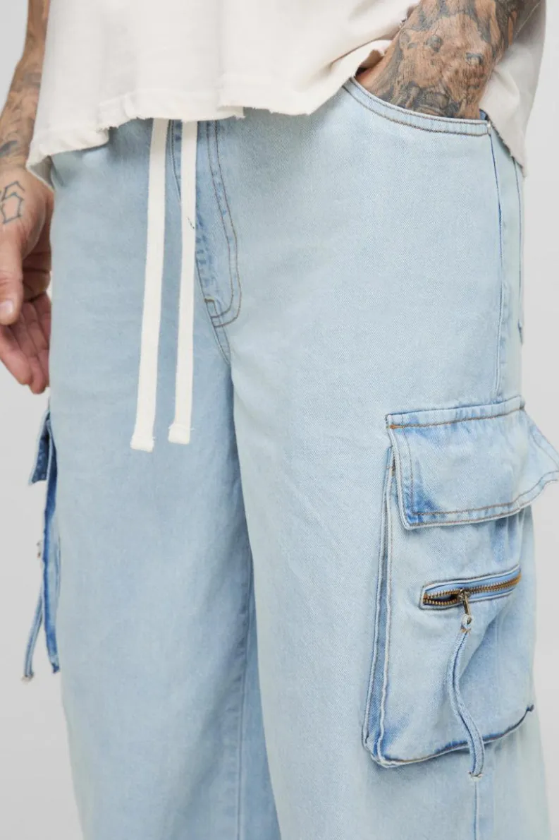 Flash Sale boohooMAN Tall Baggy Rigid Cargo Jeans light blue
