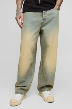 Store boohooMAN Tall Balloon Fit Pleat Knee Tinted Jeans antique wash