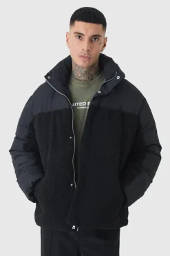 Best boohooMAN Tall Borg And Nylon Padded Coat In black