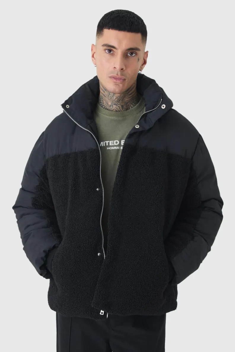 Best boohooMAN Tall Borg And Nylon Padded Coat In black