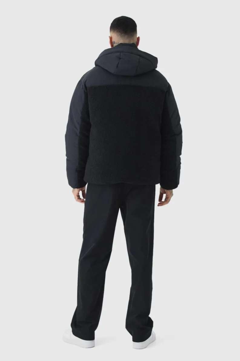 Best boohooMAN Tall Borg And Nylon Padded Coat In black