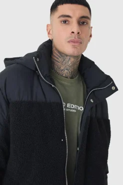 Best boohooMAN Tall Borg And Nylon Padded Coat In black