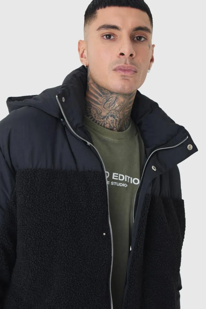 Best boohooMAN Tall Borg And Nylon Padded Coat In black