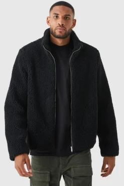Discount boohooMAN Tall Borg Funnel Neck Jacket in black