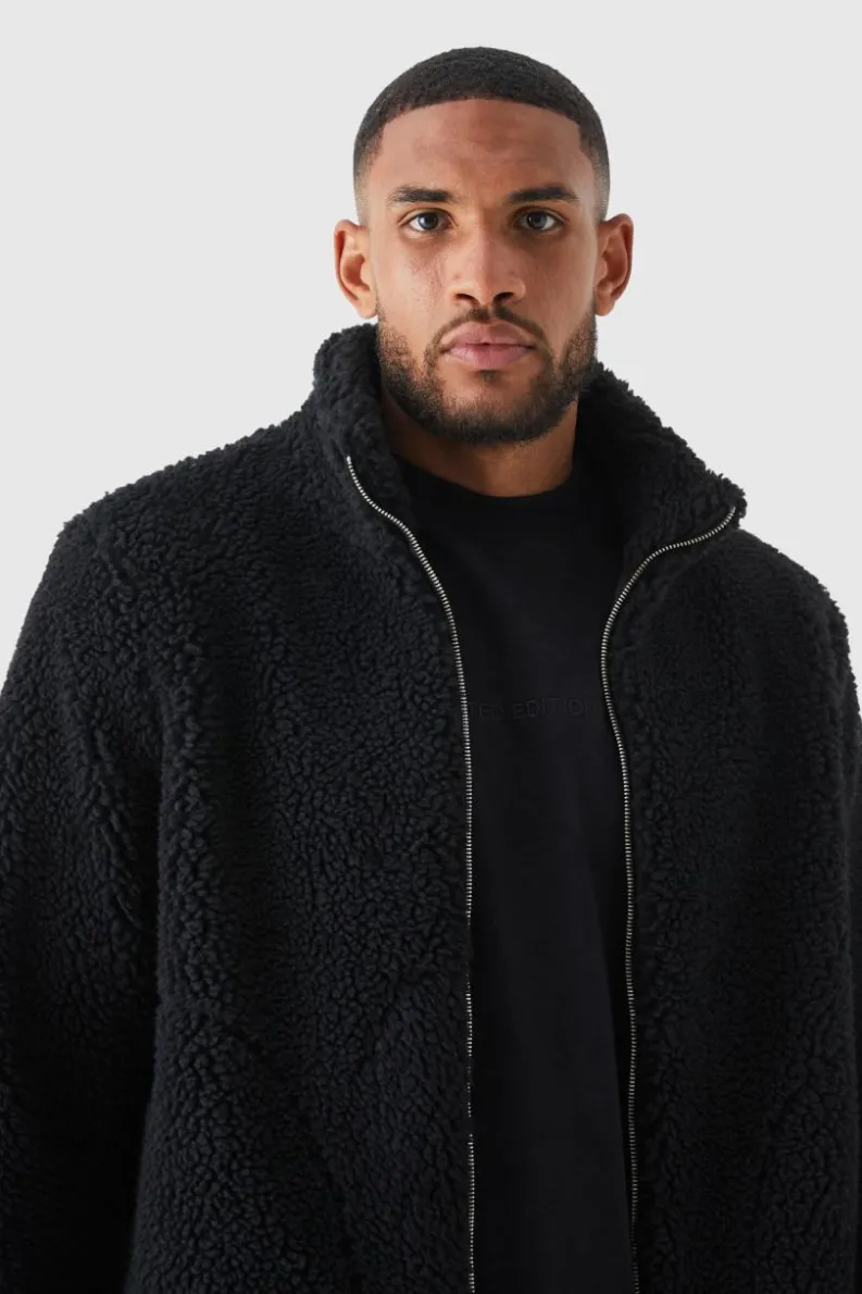 Discount boohooMAN Tall Borg Funnel Neck Jacket in black