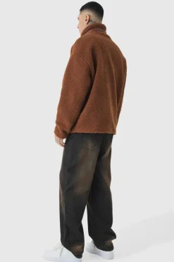 Fashion boohooMAN Tall Borg Funnel Neck Jacket With PU Pocket In tan