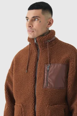 Fashion boohooMAN Tall Borg Funnel Neck Jacket With PU Pocket In tan