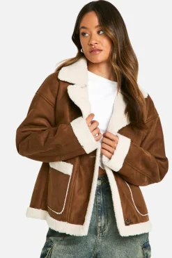 Flash Sale boohoo Tall Borg Lined Faux Suede Jacket brown