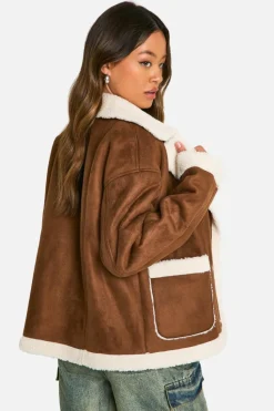 Flash Sale boohoo Tall Borg Lined Faux Suede Jacket brown