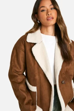 Flash Sale boohoo Tall Borg Lined Faux Suede Jacket brown