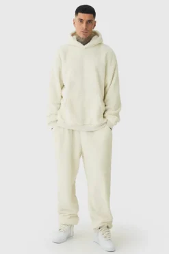 Online boohooMAN Tall Borg Oversized Hooded Tracksuit ecru