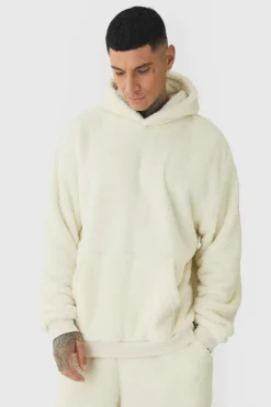 Online boohooMAN Tall Borg Oversized Hooded Tracksuit ecru