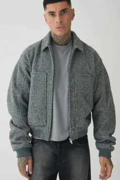 Shop boohooMAN Tall Boucle Ruched Sleeve Bomber Jacket grey