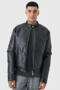Sale boohooMAN Tall Boxy BHM PU Collarless Moto Biker Jacket In black