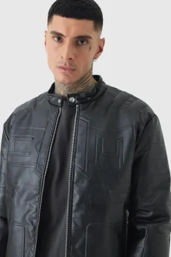 Sale boohooMAN Tall Boxy BHM PU Collarless Moto Biker Jacket In black