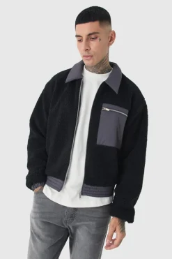 Fashion boohooMAN Tall Boxy Borg And Nylon Collared Bomber Jacket In black