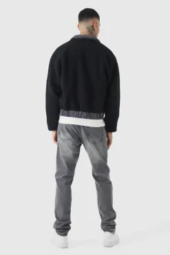 Fashion boohooMAN Tall Boxy Borg And Nylon Collared Bomber Jacket In black