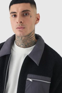 Fashion boohooMAN Tall Boxy Borg And Nylon Collared Bomber Jacket In black