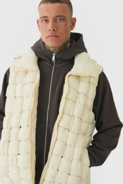 Cheap boohooMAN Tall Boxy Fit Hand Weft Padded Gilet In stone