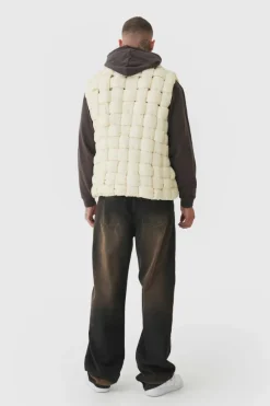 Cheap boohooMAN Tall Boxy Fit Hand Weft Padded Gilet In stone