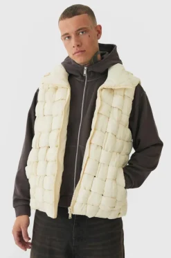 Cheap boohooMAN Tall Boxy Fit Hand Weft Padded Gilet In stone