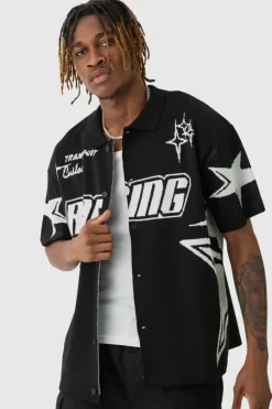 New boohooMAN Tall Boxy Fit Knitted Moto Shirt black