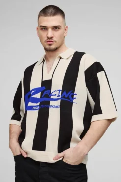 New boohooMAN Tall Boxy Moto Stripe Knitted Polo black