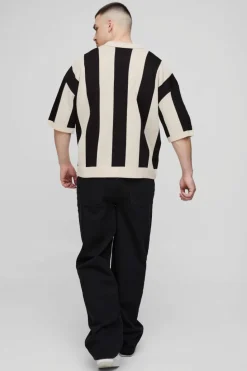New boohooMAN Tall Boxy Moto Stripe Knitted Polo black