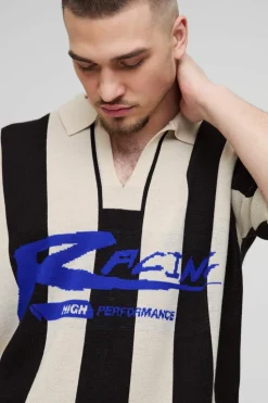 New boohooMAN Tall Boxy Moto Stripe Knitted Polo black
