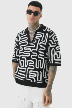 Flash Sale boohooMAN Tall Boxy Oversized Abstract Knit Polo black