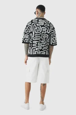 Flash Sale boohooMAN Tall Boxy Oversized Abstract Knit Polo black