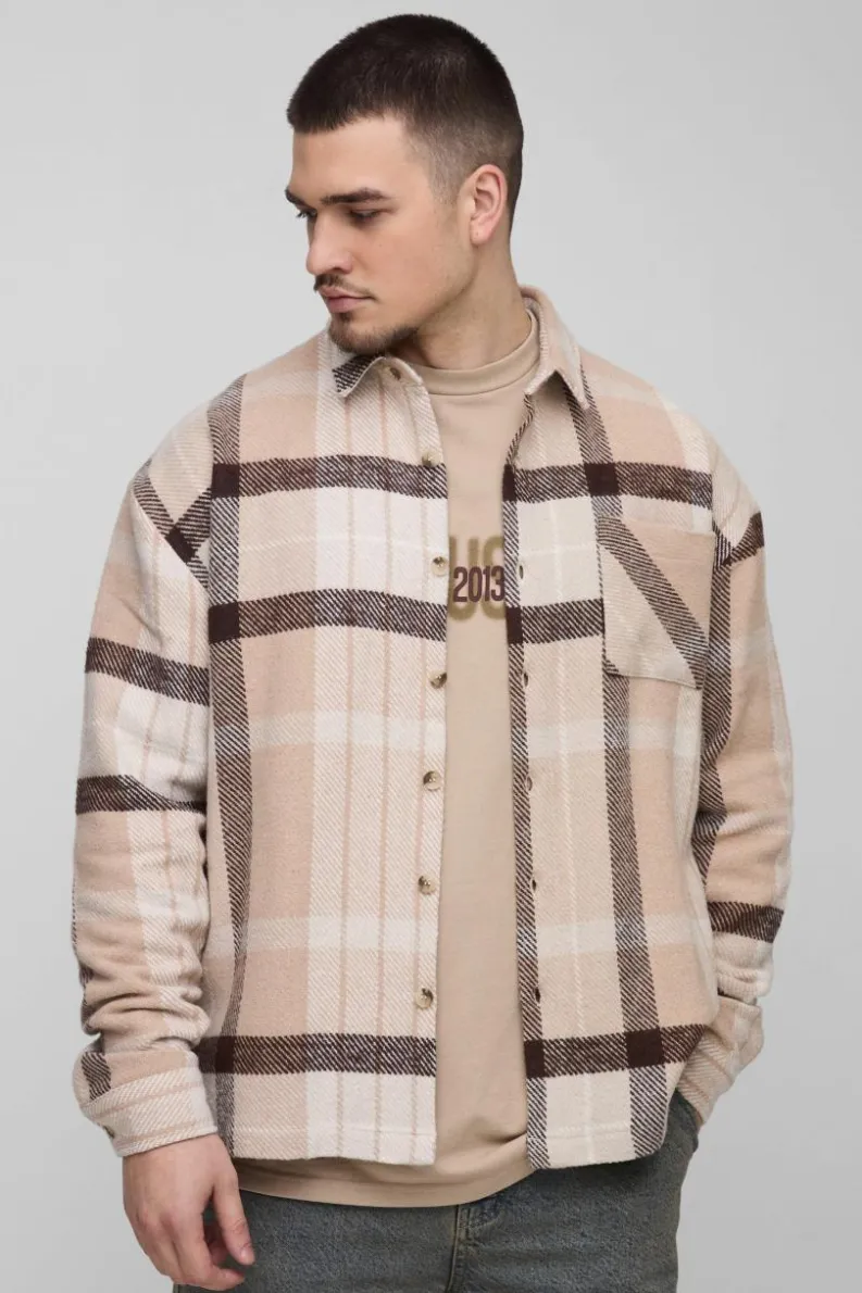 Sale boohooMAN Tall Boxy Split Hem Brushed Check Overshirt multi