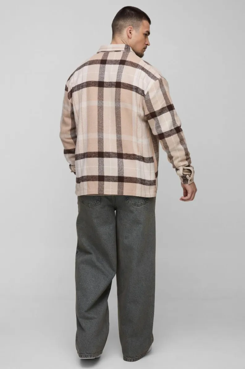 Sale boohooMAN Tall Boxy Split Hem Brushed Check Overshirt multi