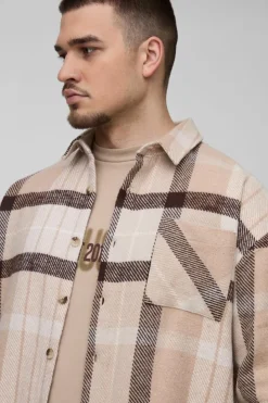Sale boohooMAN Tall Boxy Split Hem Brushed Check Overshirt multi