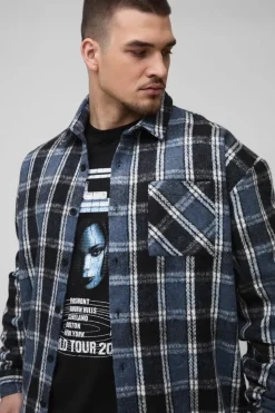 Clearance boohooMAN Tall Boxy Split Hem Brushed Check Overshirt blue