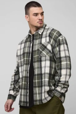 New boohooMAN Tall Boxy Split Hem Brushed Check Overshirt green