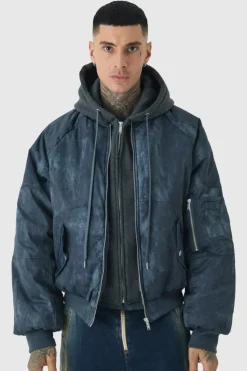Sale boohooMAN Tall Boxy Washed Padded Hooded Bomber Jacket In black
