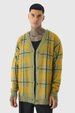 Cheap boohooMAN Tall Brushed Knit Check Drop Shoulder Cardigan olive