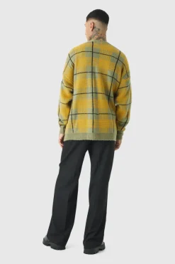 Cheap boohooMAN Tall Brushed Knit Check Drop Shoulder Cardigan olive