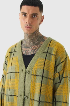 Cheap boohooMAN Tall Brushed Knit Check Drop Shoulder Cardigan olive
