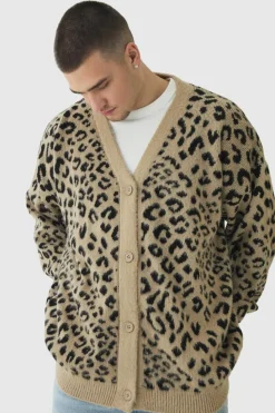 Outlet boohooMAN Tall Brushed Knit Leopard Print Oversized Cardigan taupe