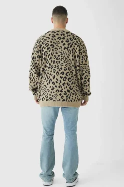 Outlet boohooMAN Tall Brushed Knit Leopard Print Oversized Cardigan taupe