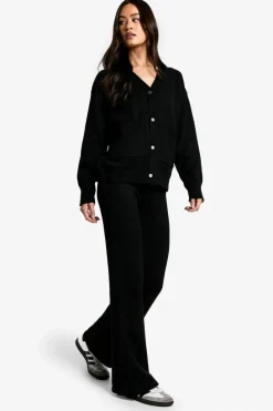 Best boohoo Tall Cardigan And Flare Trouser Co Ord black