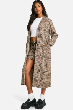Discount boohoo Tall Check Wool Look Coat and micro mini skirt set stone