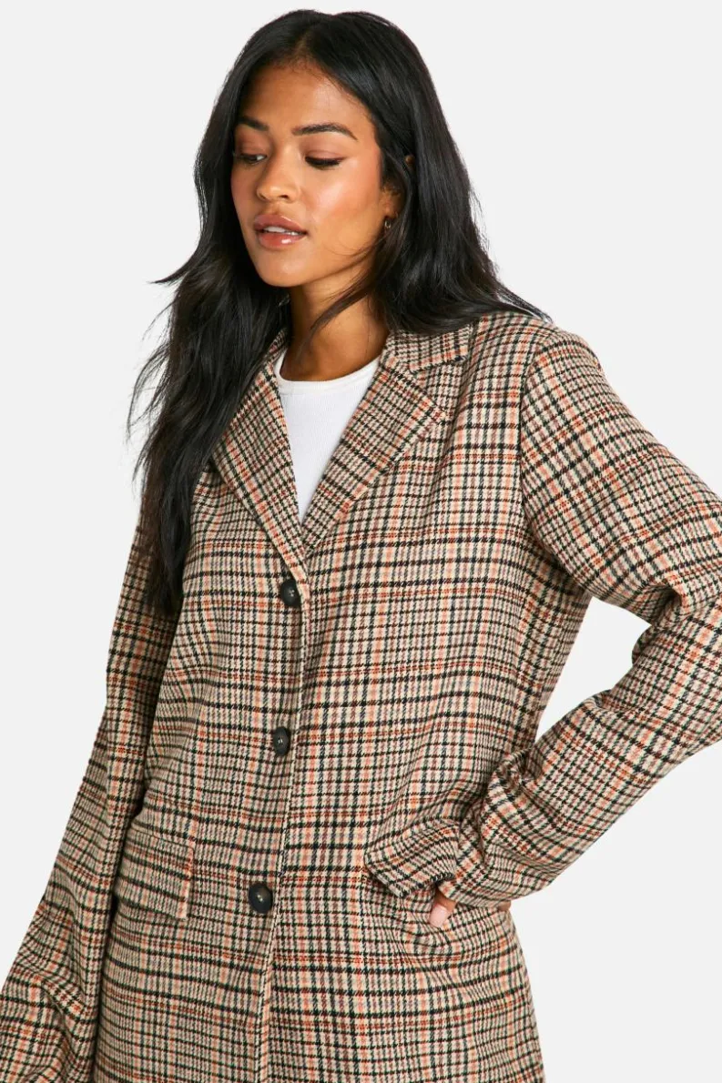 Discount boohoo Tall Check Wool Look Coat and micro mini skirt set stone