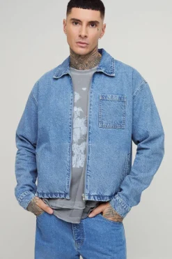 Online boohooMAN Tall Classic Denim Harrington Jacket light wash