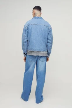 Online boohooMAN Tall Classic Denim Harrington Jacket light wash