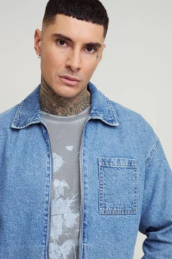 Online boohooMAN Tall Classic Denim Harrington Jacket light wash
