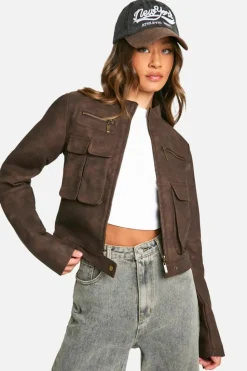 Best Sale boohoo Tall Cropped Pocket Detail Faux Leather Biker Jacket brown
